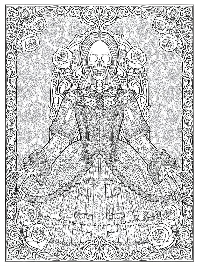 Skeleton in ornate Victorian gown with roses and intricate line art patterns