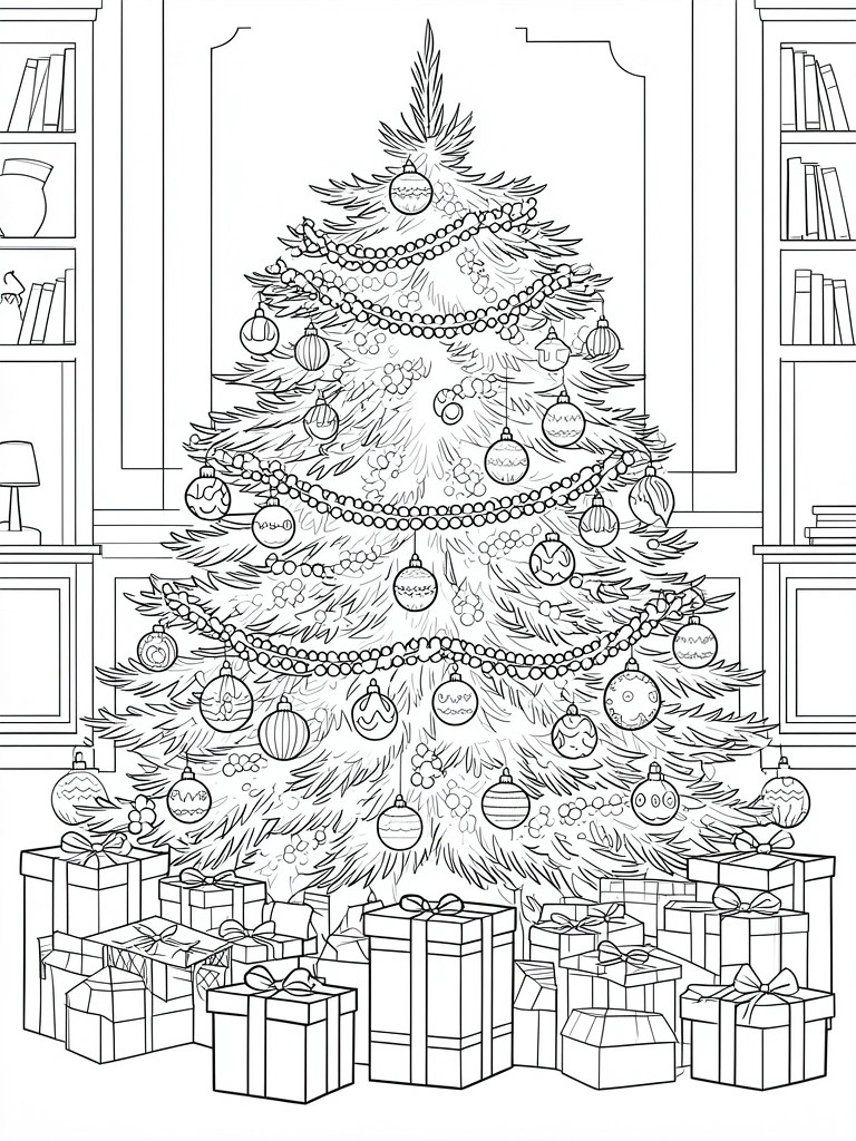 A black and white line drawing of a large Christmas tree covered in ornaments and garlands with many wrapped gifts at the base and bookshelves on both sides.