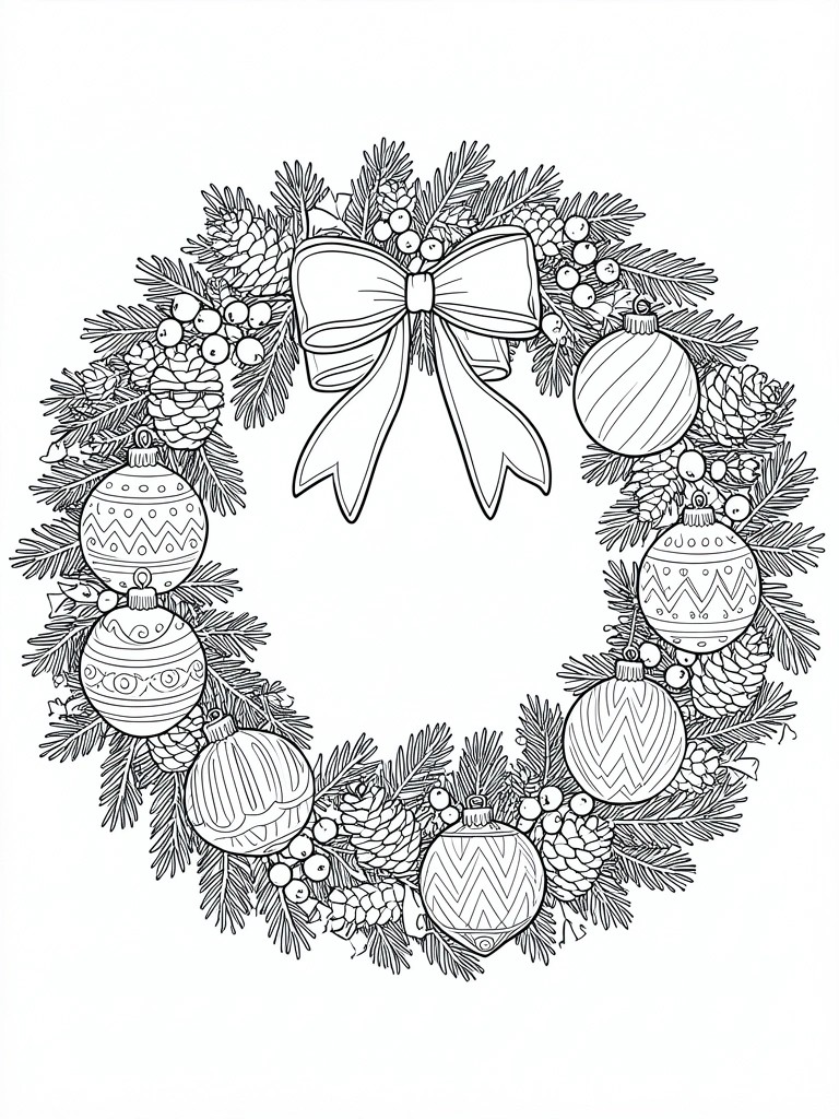 Black-and-white line art of Christmas wreath with bow, ornaments, and pinecones.
