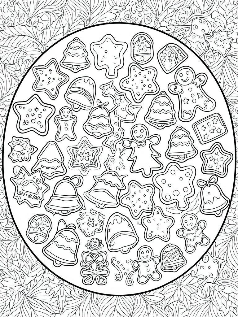 A round coloring page packed with outlined Christmas cookies like bells, stars, and gingerbread men inside a bold circle, with leaves around the edge.