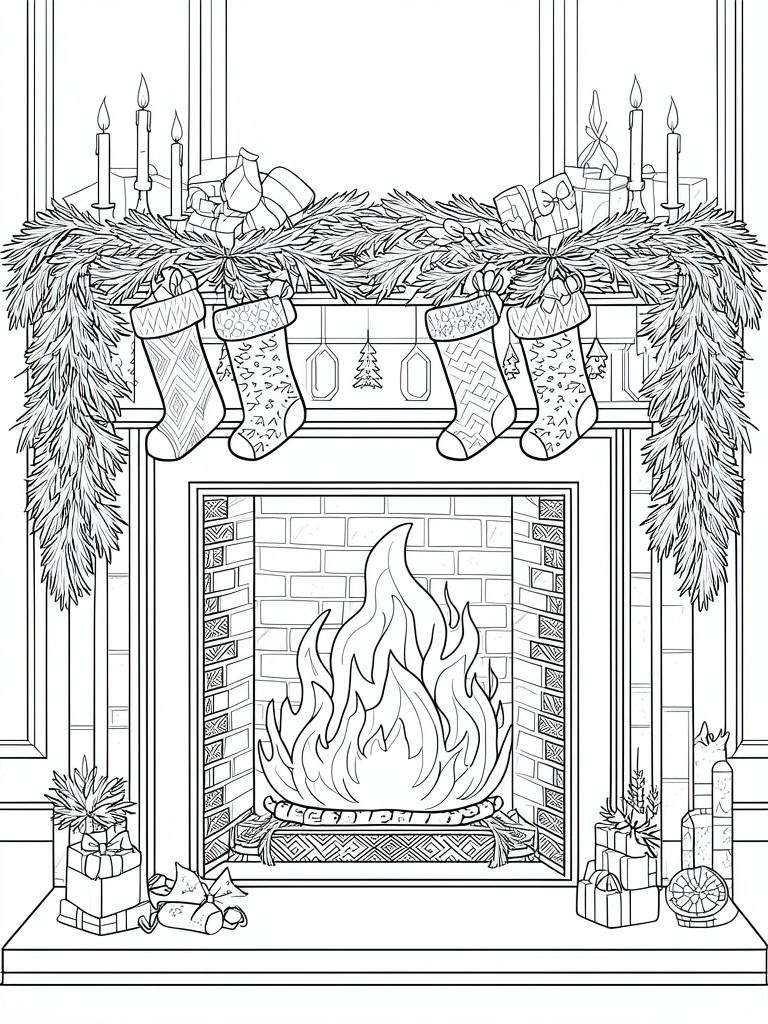 Christmas fireplace with stockings, garland, gifts, candles, and burning fire in line art