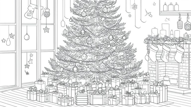A black and white line drawing of a large Christmas tree covered in ornaments and garlands with many wrapped gifts at the base and bookshelves on both sides.