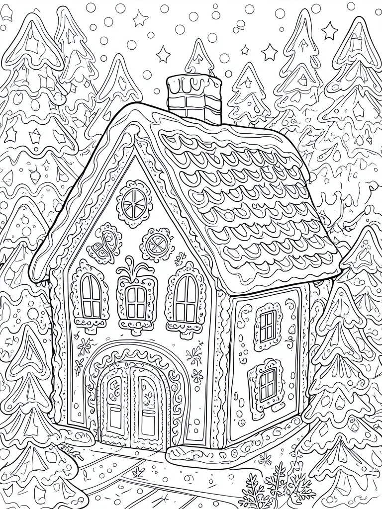 Detailed black-and-white line art of a snow-covered gingerbread house amid pine trees and stars.