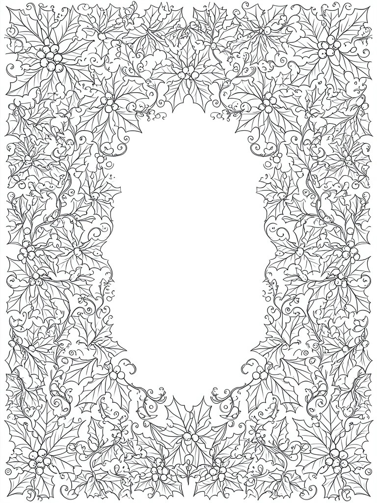 Black and white line art of a rectangular holly leaf and berry border with an empty center.