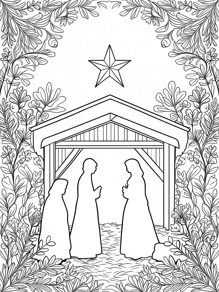Line drawing of three robed figures in stable under star with leafy floral border