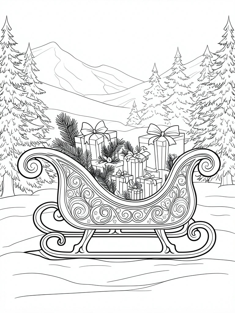 Ornate sleigh filled with wrapped gifts in snowy mountain landscape with pines