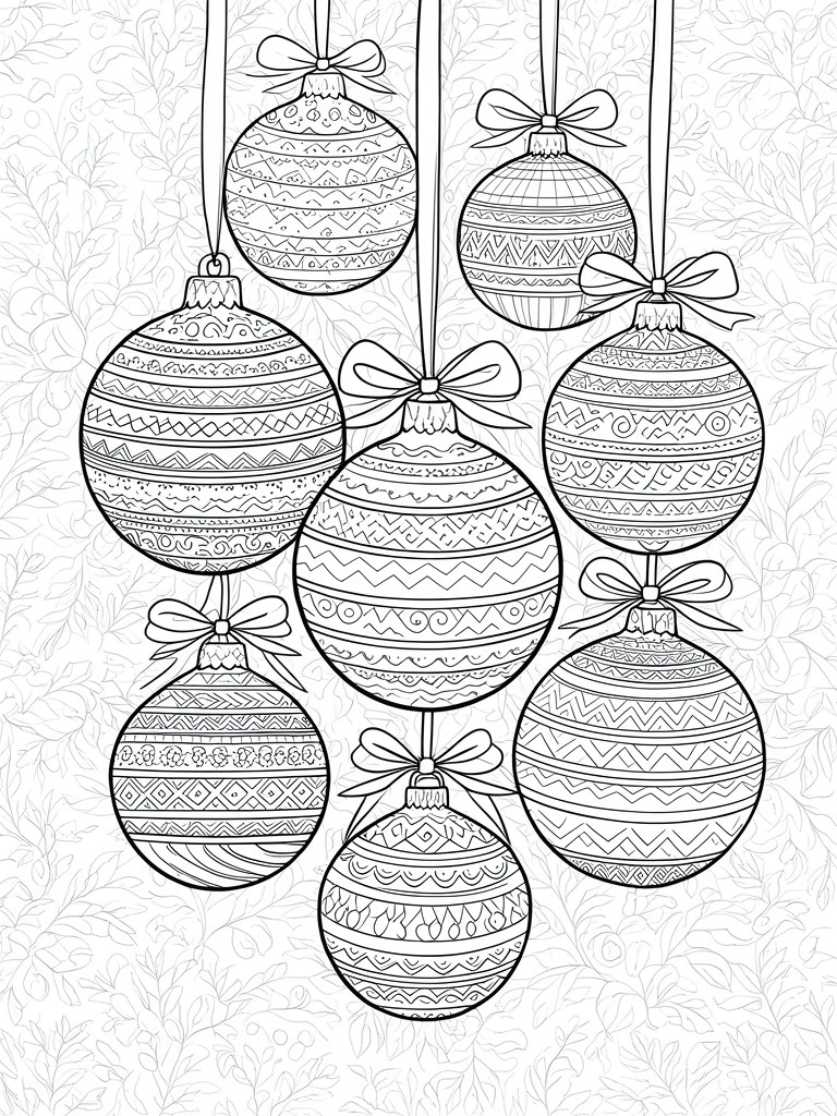 Eight patterned Christmas ornaments with bows hanging against a leafy background.