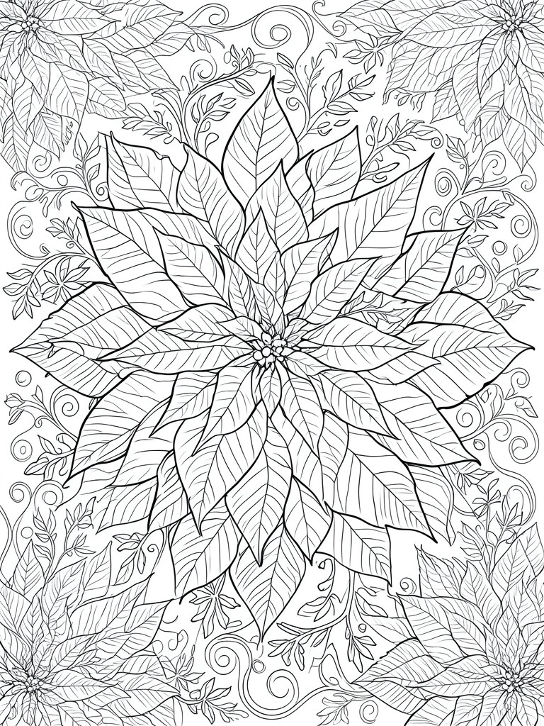 Intricate black and white line art of a large central poinsettia with surrounding leaves and swirls