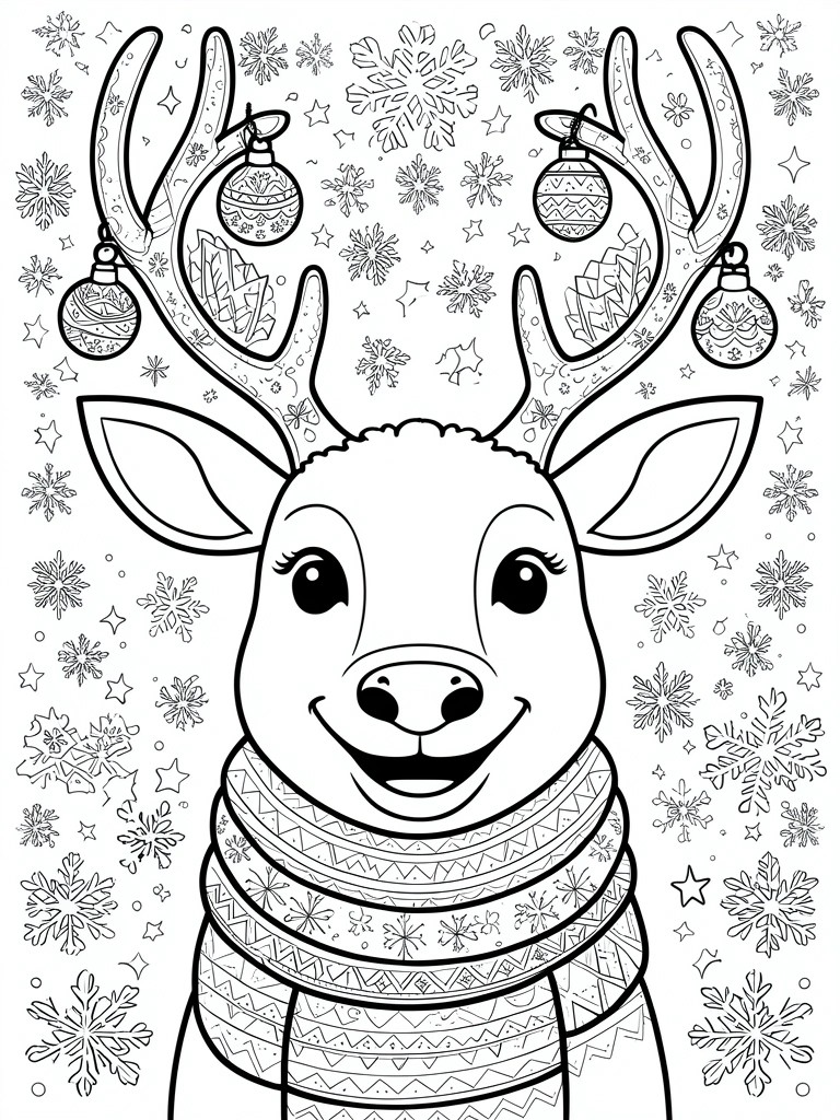 Smiling reindeer with ornament-decorated antlers and patterned scarf amid snowflakes and stars