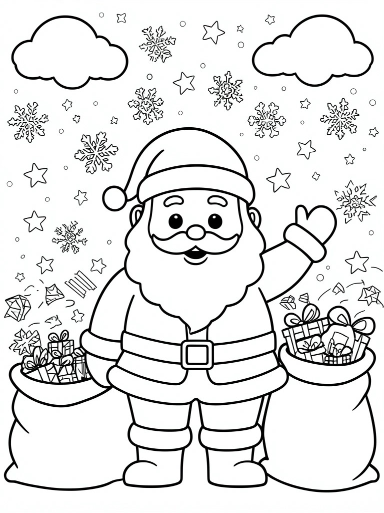 Santa Claus waves between two gift sacks amid snowflakes, stars, and clouds in line art.