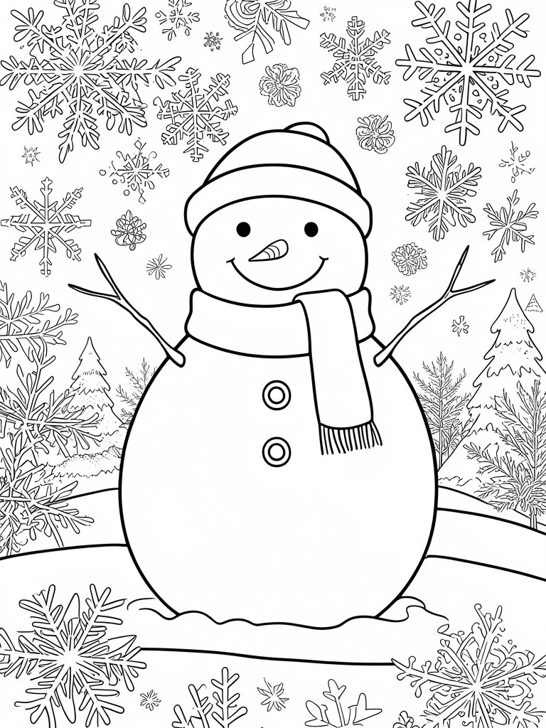 A black and white line drawing of a snowman wearing a hat and scarf with snowflakes and trees in the background.