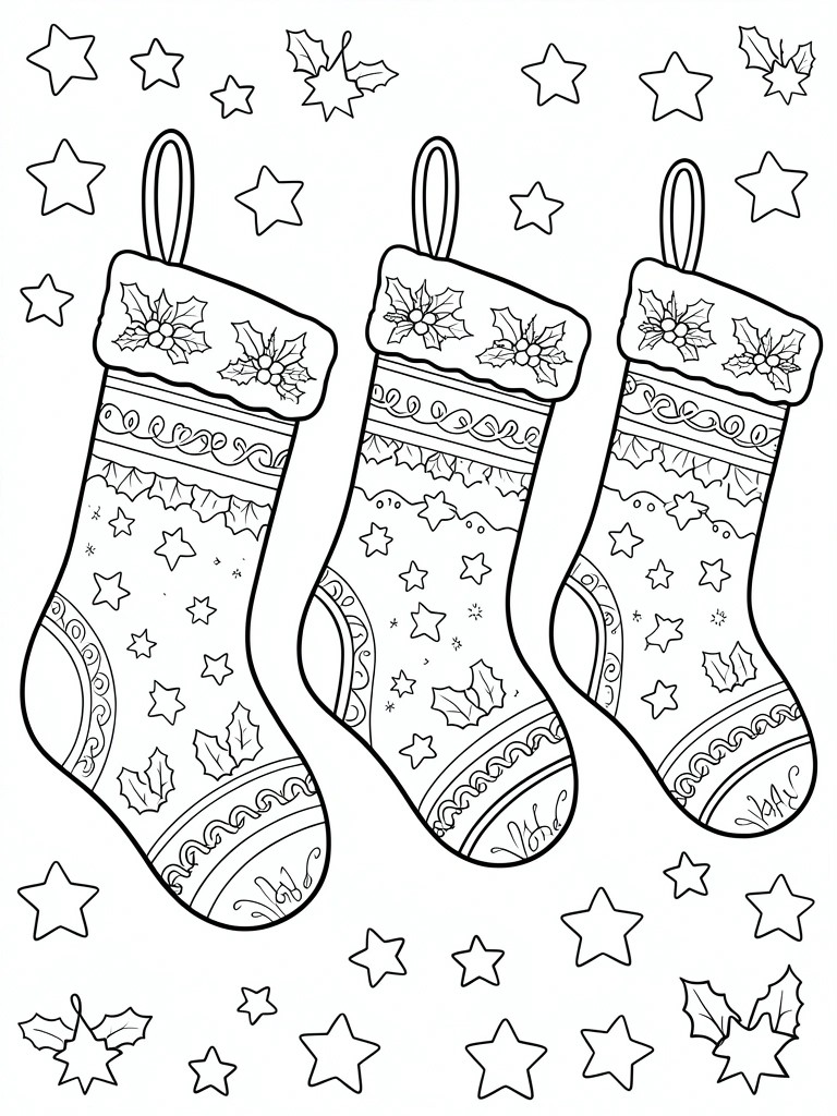 Three Christmas stockings with holly, stars, and ornate patterns amid scattered decorations