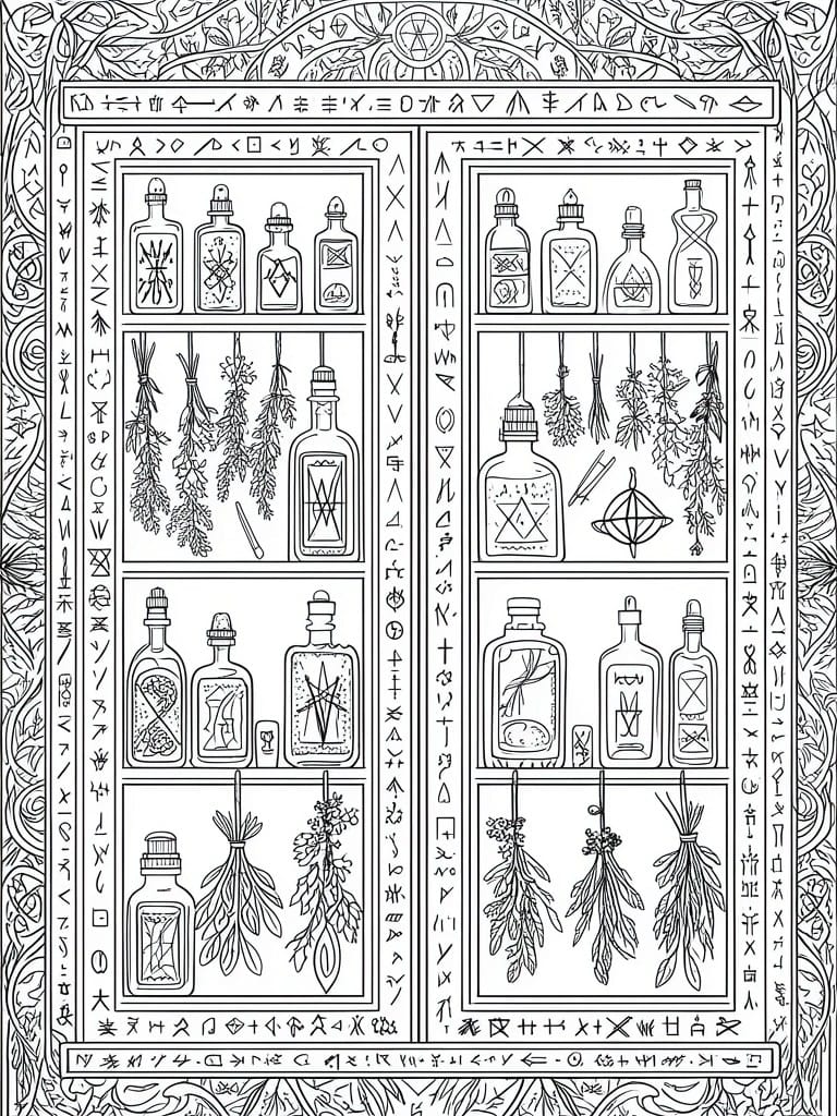 Detailed line art of potion bottles and hanging herbs on shelves with runes