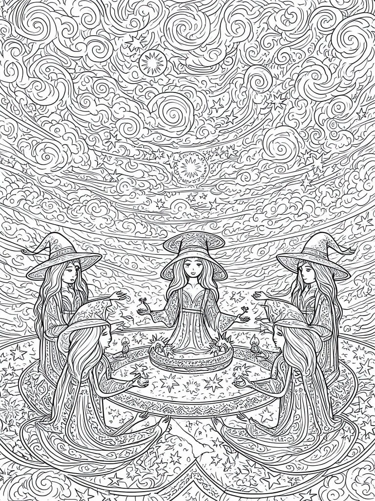 Four witches in pointed hats sit in a circle around a cauldron with candles, set against a background of swirling clouds and stars.