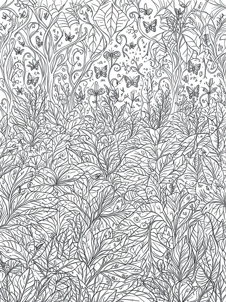 Dense black-and-white line art of foliage, vines, and butterflies in a forest