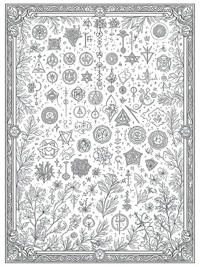 Coloring page filled with occult symbols, stars, circles, triangles, and plant drawings inside an ornate border.