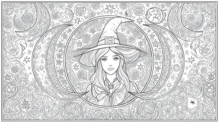 18 Unique Witchy Halloween Coloring Pages Filled With Magical Details Intricate line art of long-haired witch in pointed hat within starry moonlit circular border.