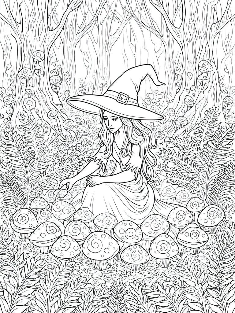 Witch in pointed hat sitting among giant mushrooms in fern-filled forest line art