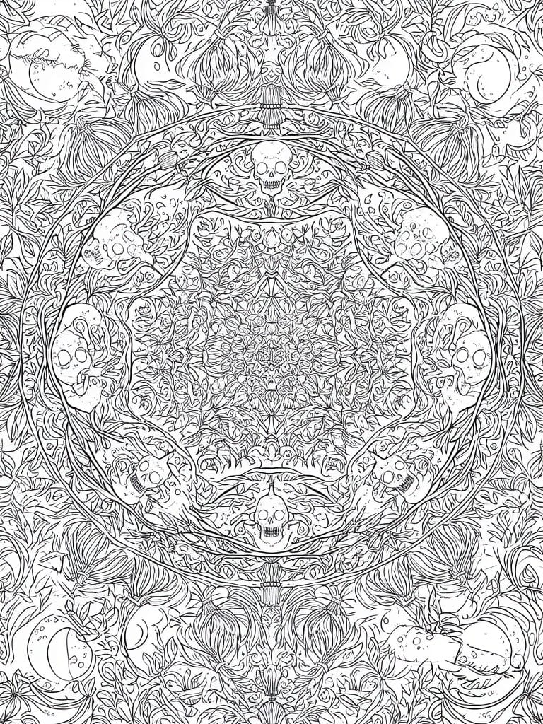 A black and white mandala coloring page featuring skulls, crescent moons, pumpkins, and intricate vine patterns arranged symmetrically in circles.