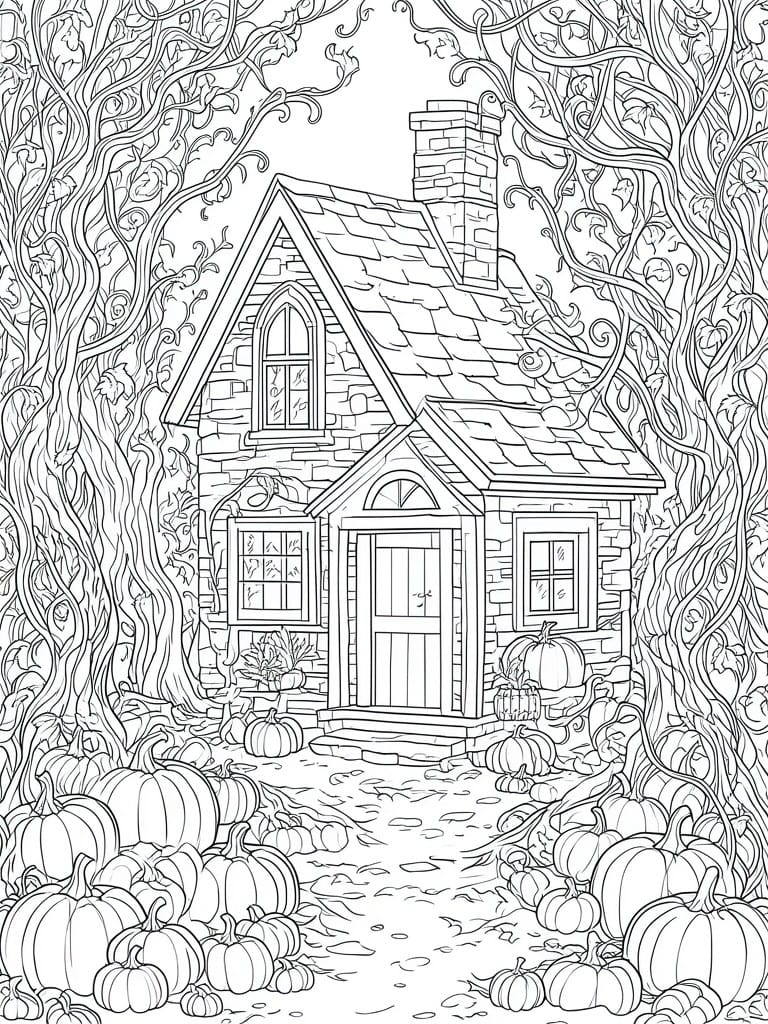 A black and white line drawing of a stone cottage with a steep roof, chimney, and many pumpkins scattered around it among twisted trees.