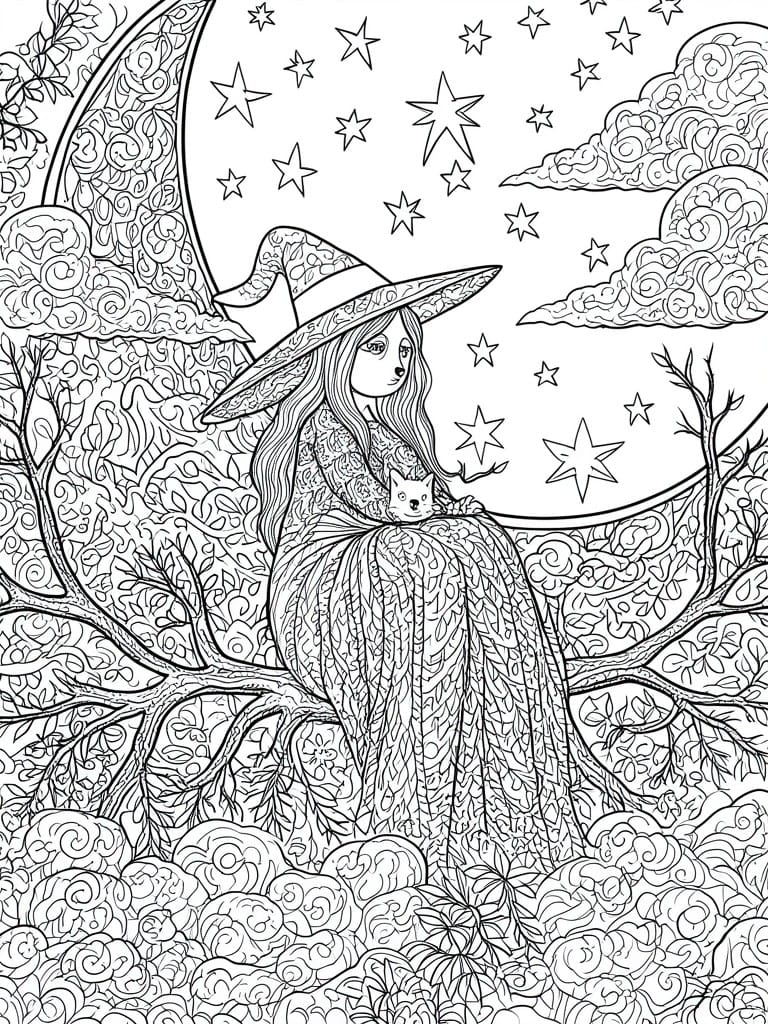 Intricate black-and-white line art of a witch with cat under crescent moon on tree.
