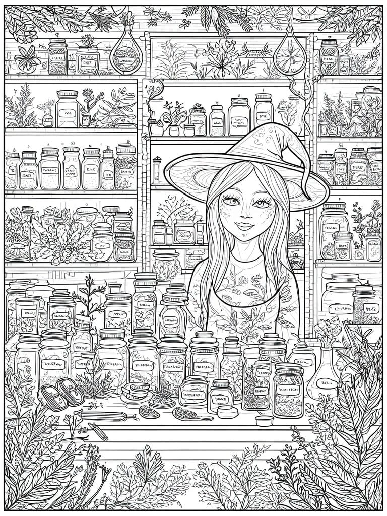 Black-and-white line art of a witch amid shelves of labeled herb jars and plants