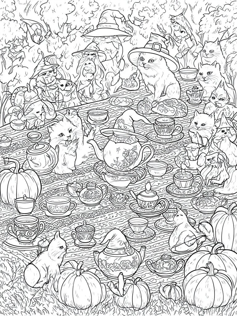 Black and white line art of witch-hatted cats at a pumpkin-filled tea party