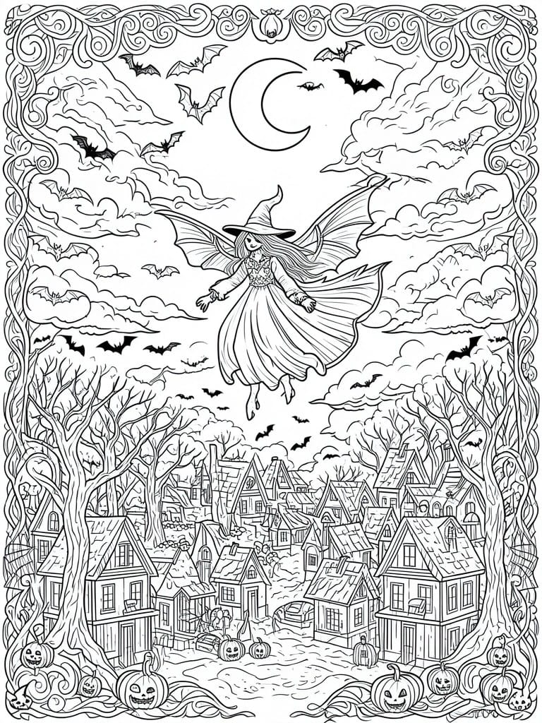 Coloring book scene of a bat-winged witch flying over a pumpkin-filled haunted village at night.