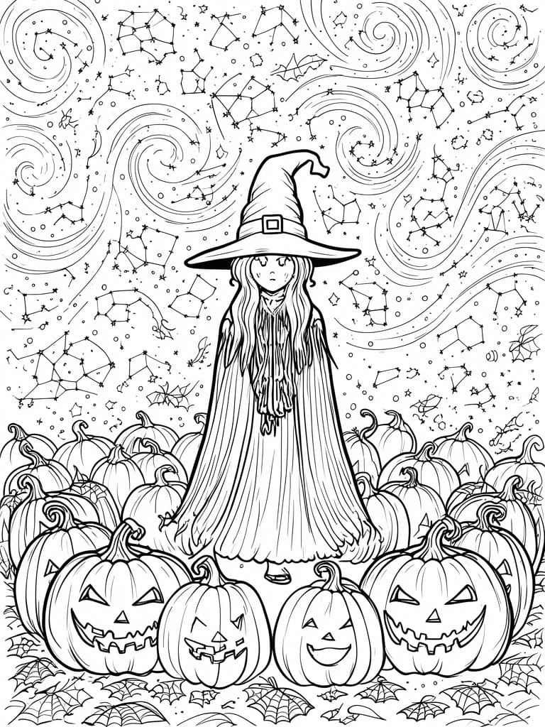 Witch amid carved pumpkins under swirling starry sky with constellations and bats