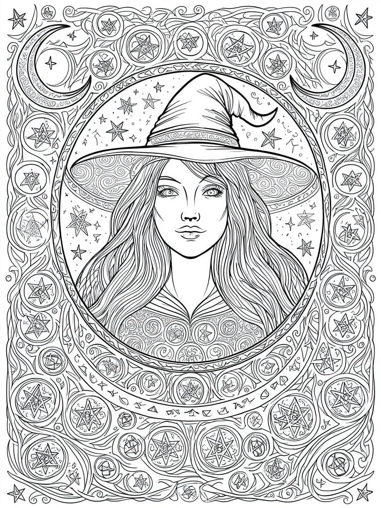 Intricate line art of long-haired witch in pointed hat within starry moonlit circular border.