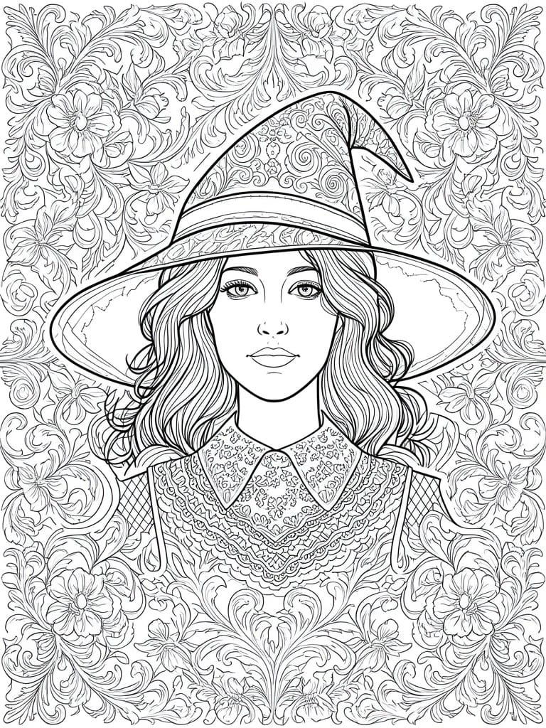 Black-and-white line art of a witch in ornate hat with floral background