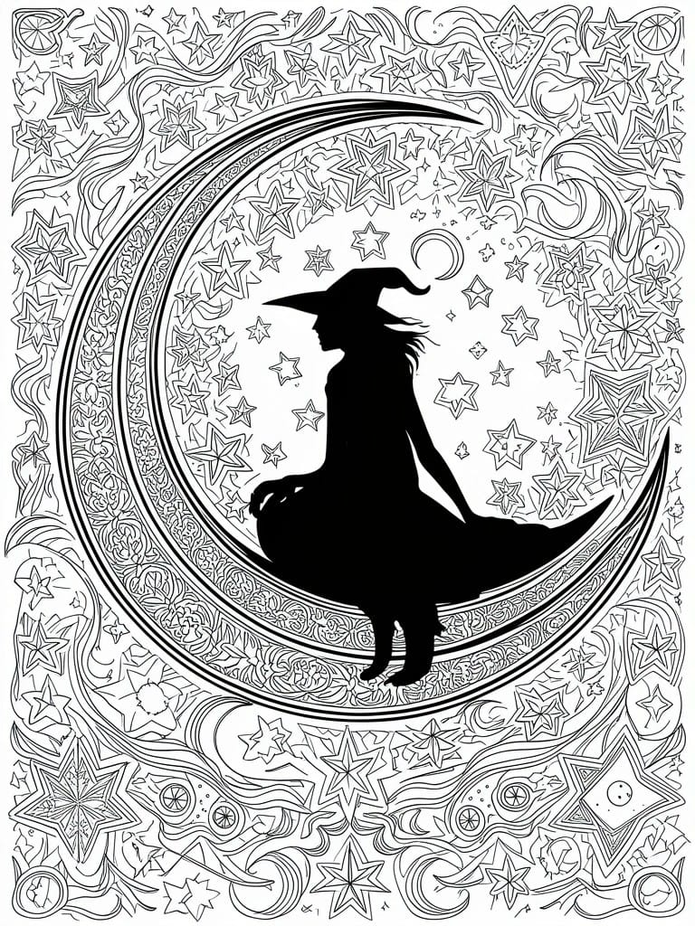 Silhouetted witch on crescent moon amid intricate starry line-art patterns