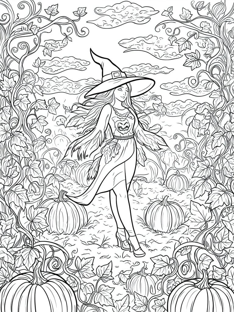 Line art of a smiling witch in hat and dress amid pumpkins and leafy vines.