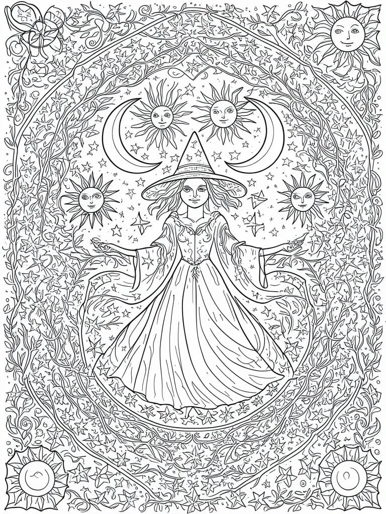 A black and white line drawing of a witch in a pointed hat and flowing dress surrounded by suns, moons, stars, and floral vines in a circular frame.