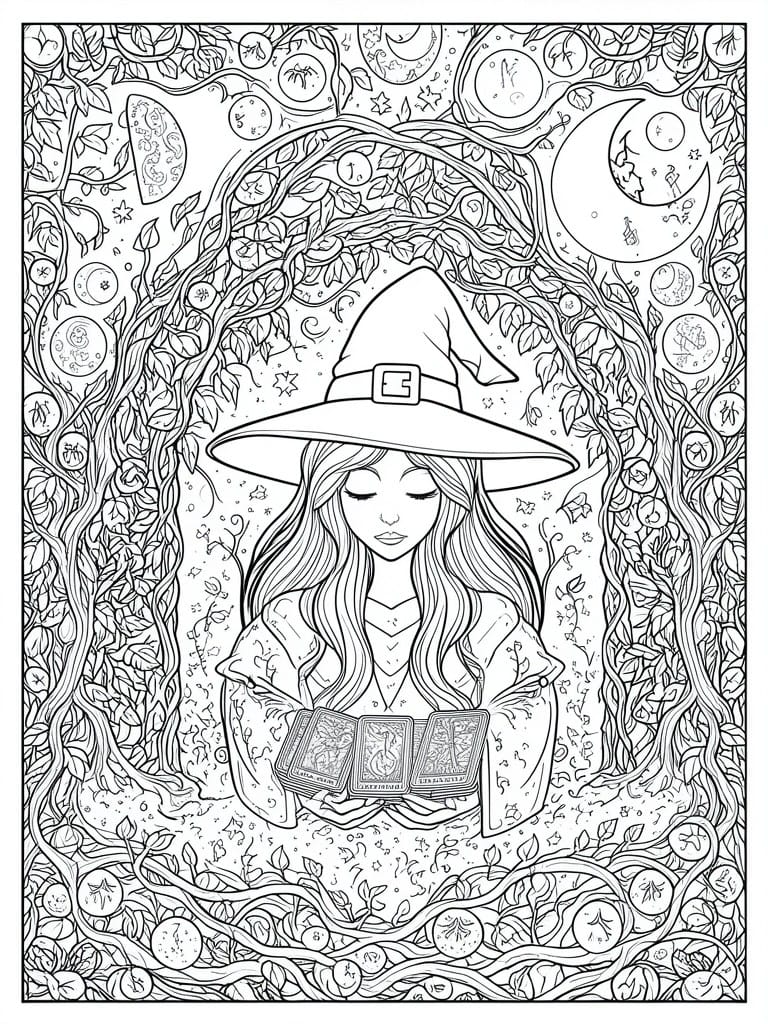 A black and white line drawing of a long haired witch in a hat holding three tarot cards surrounded by vines moons and stars.