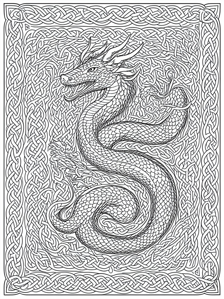 A black and white line drawing of a coiled dragon inside a Celtic knot border.