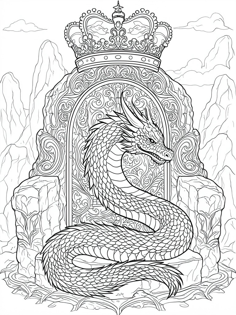 A black and white line drawing of a scaled dragon coiled inside an ornate stone arch with a crown above it and mountains on both sides.