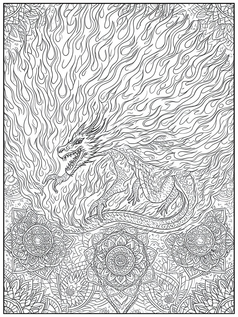 A black and white coloring page shows a dragon surrounded by swirling flames with three large mandala patterns at the bottom.