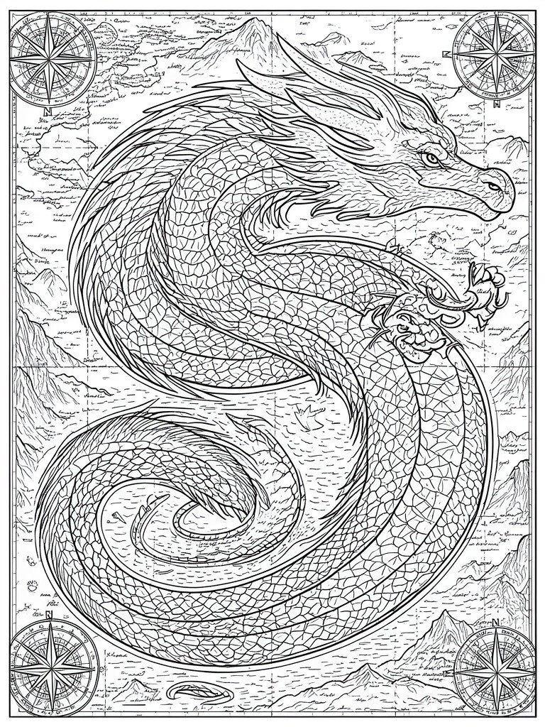 A black and white line drawing of a detailed dragon coiled over a fantasy map with four compass roses in the corners.