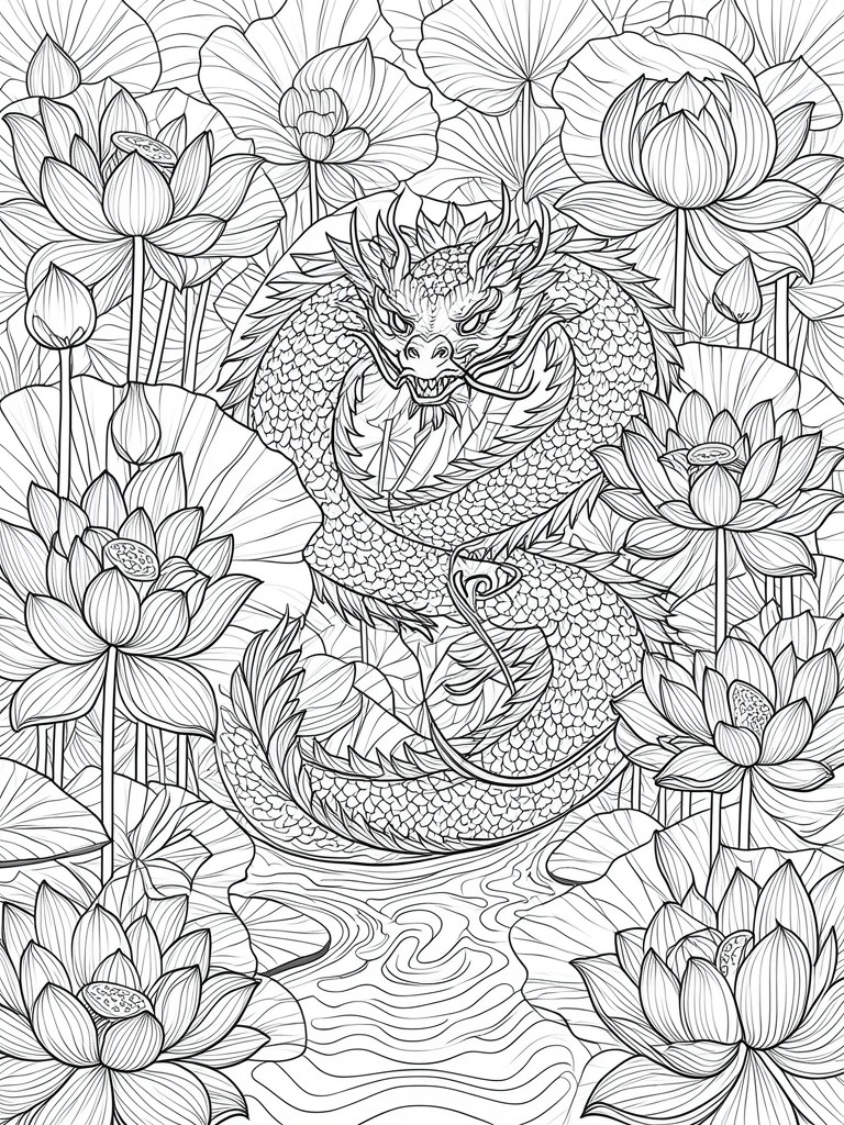 A black and white line drawing of a dragon coiled among lotus flowers and leaves with water ripples at the bottom.