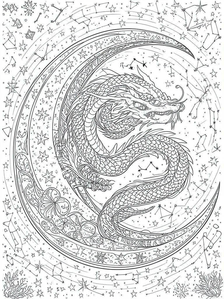 Intricate line art of a dragon coiled inside a crescent moon amid stars and constellations