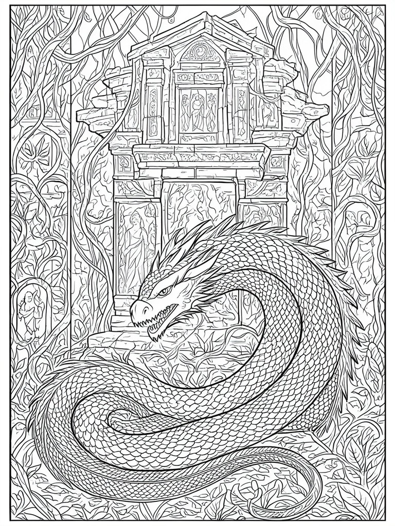 Coiled dragon before vine-covered ancient stone temple ruins in line art