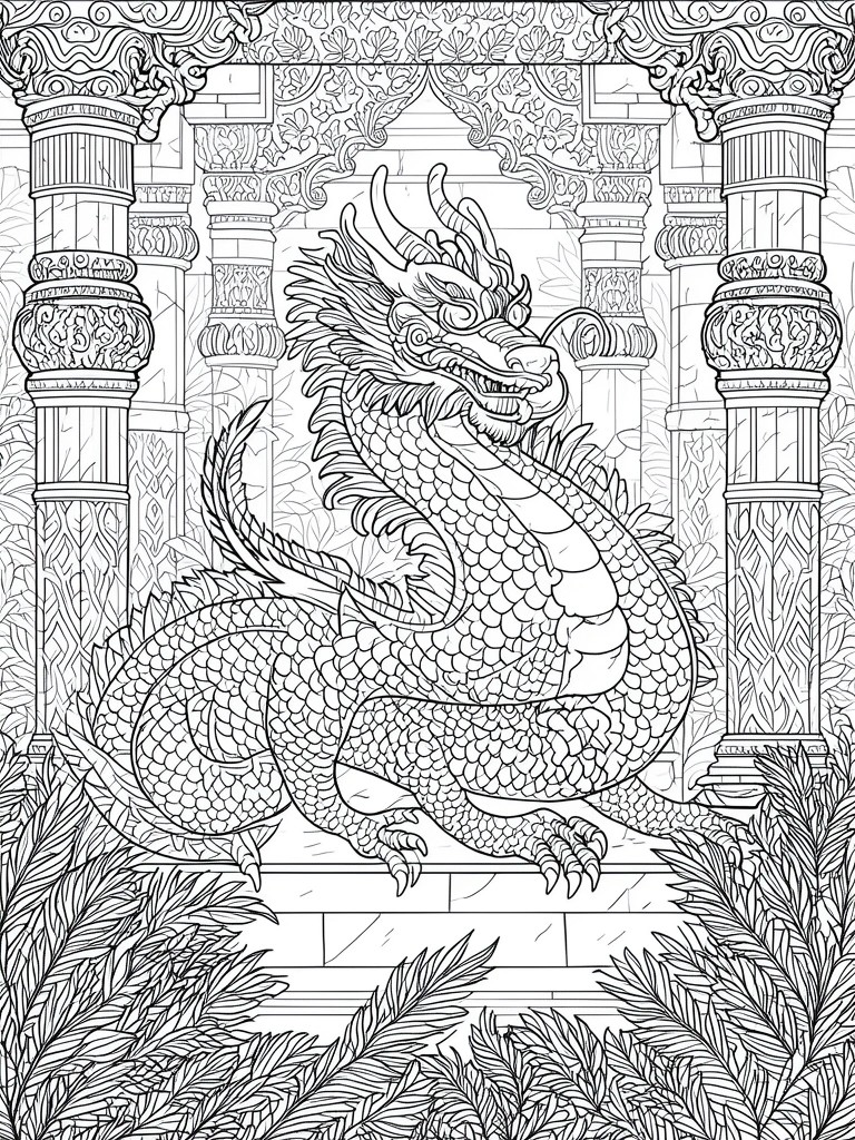 A black and white line drawing of a dragon coiled in front of ornate pillars with foliage at the base.