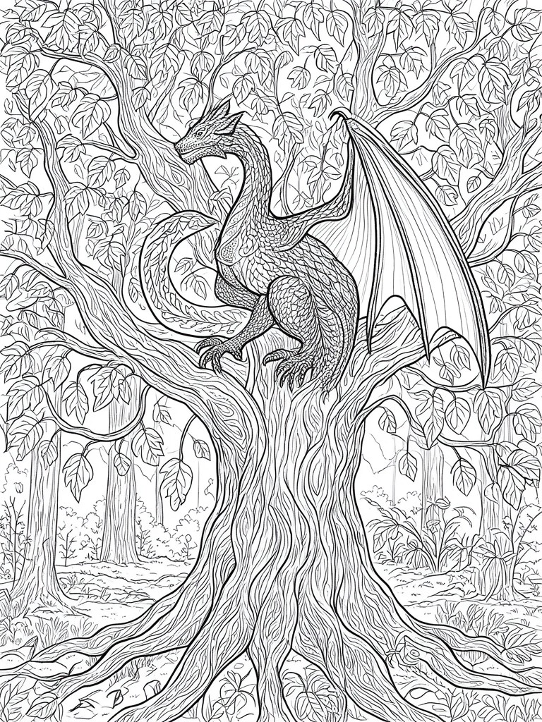 Detailed line drawing of a dragon perched on a forest tree branch
