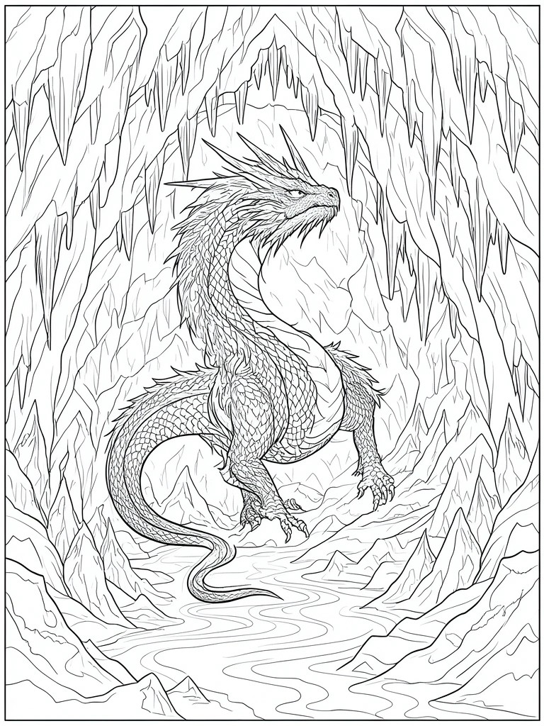 Intricate line art of a dragon in an icicle cave with mountains and stream.