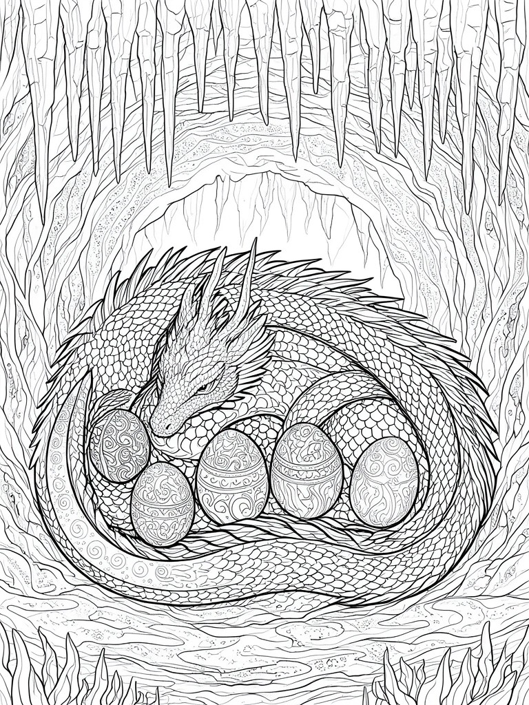 Dragon coiled around ornate eggs in icicle-filled cave, black-and-white line art.