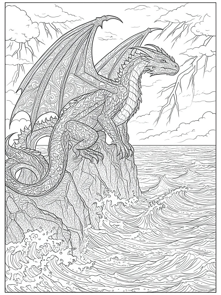 A black and white line drawing of a detailed dragon perched on a rocky cliff above ocean waves with mountains and clouds behind it.