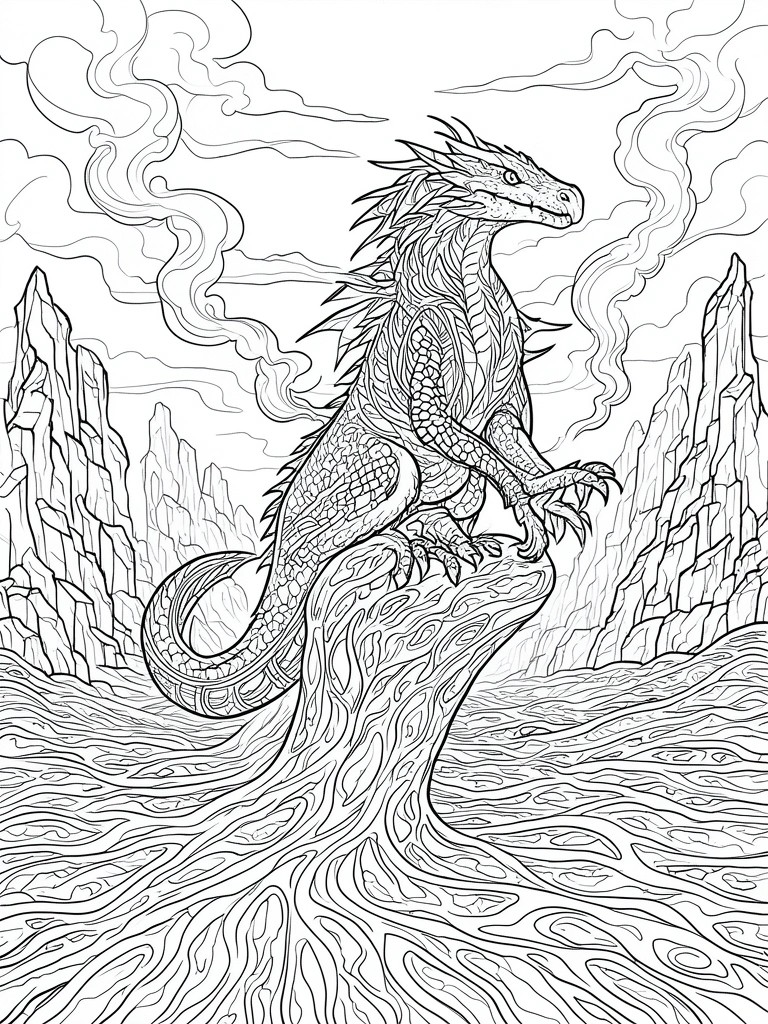 Detailed line art of a dragon perched on rocky cliffs amid mountains and swirling clouds.