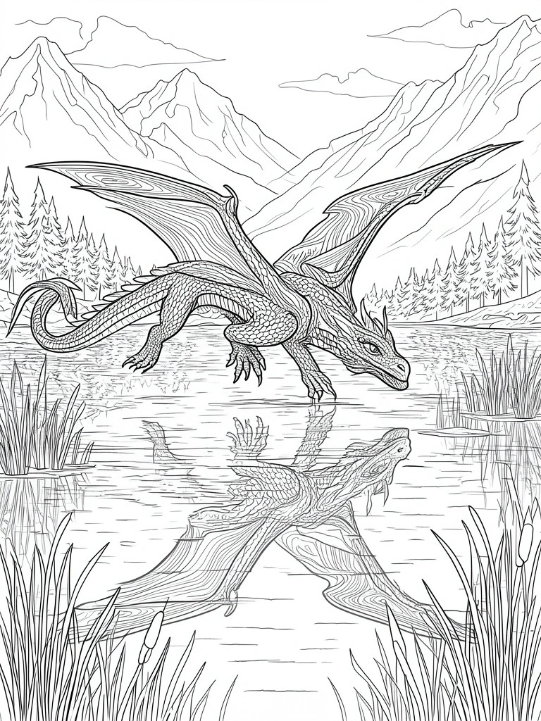 Black and white line art of dragon flying over reflective mountain lake with trees