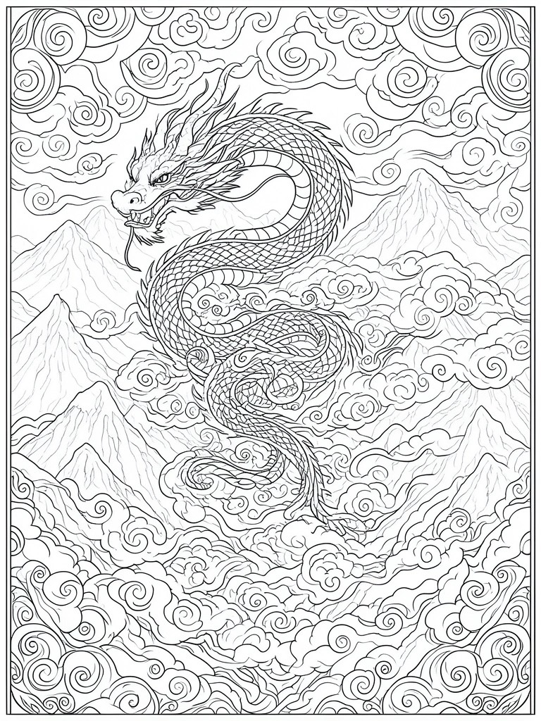 Intricate black-and-white line art of a Chinese dragon amid swirling clouds and mountains.